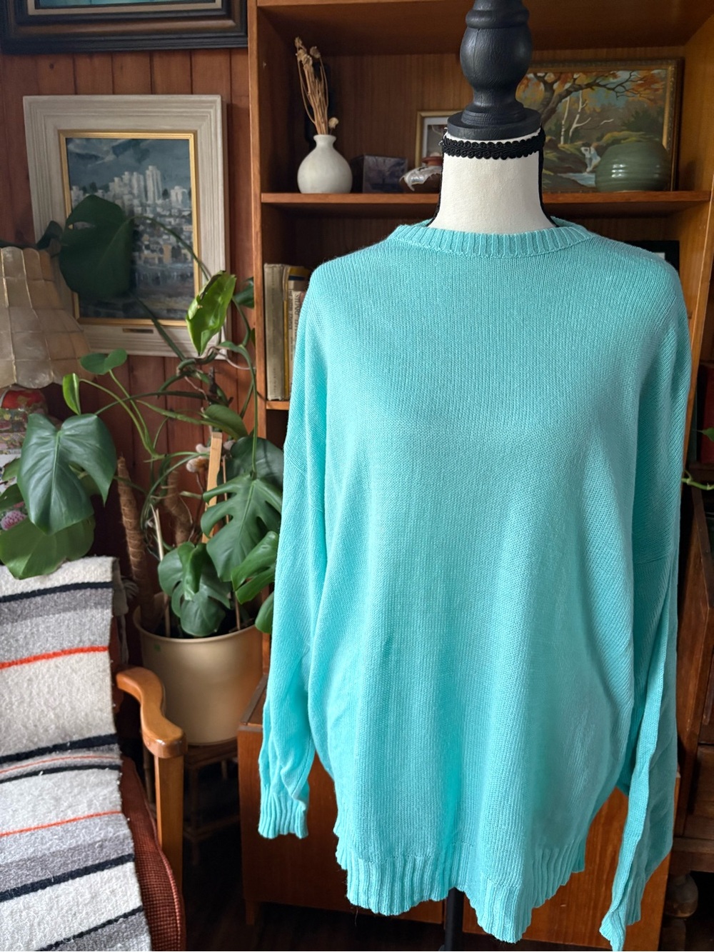 90s Vintage Turquoise Oversize Light Crew Neck Knit L